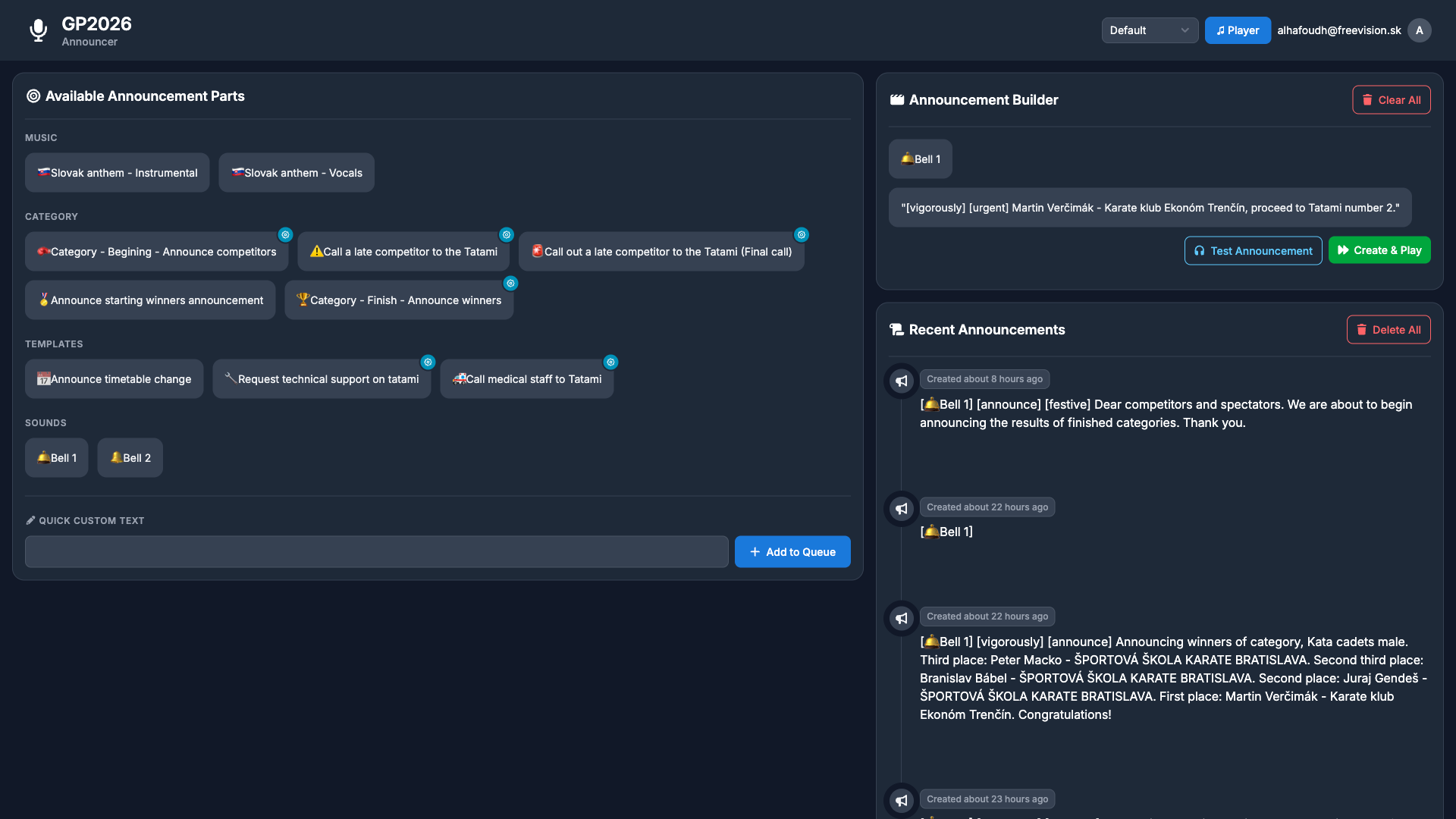 Sportviz Toolkit - Announcer module screenshot